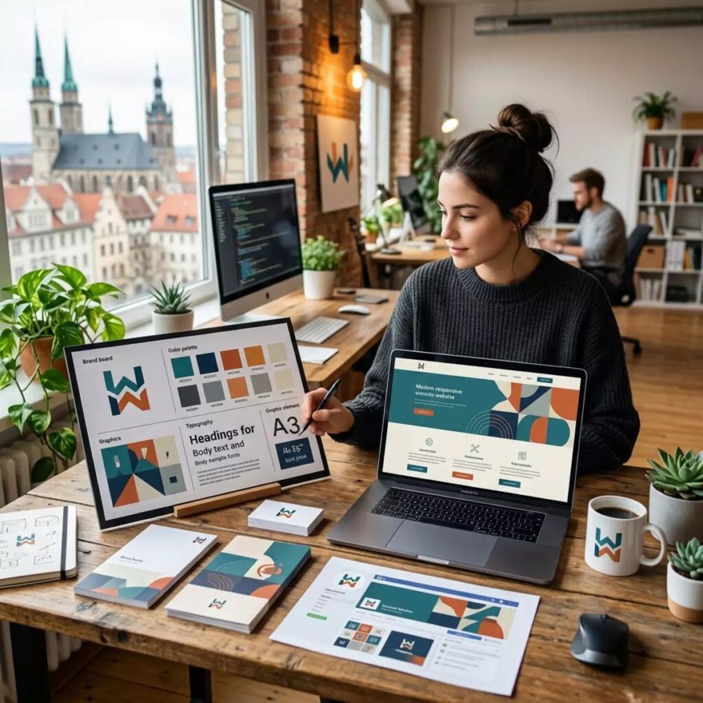 mujer con pc trabajos de branding y sitio web